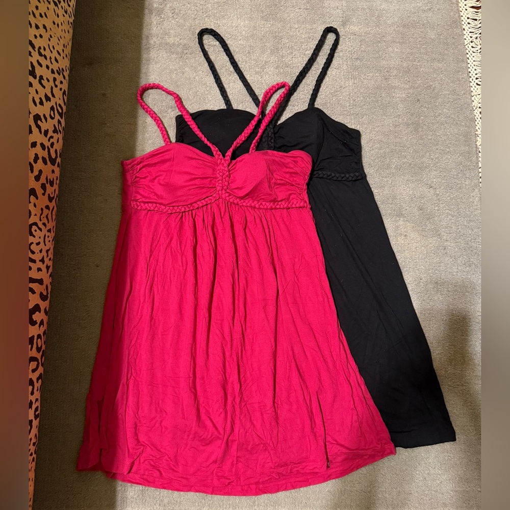Forever 21 Pink & Black Mini Dresses Set Size L Braided Strap Sundresses